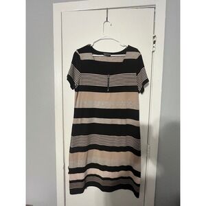 Alison Brittney‎ Womens Striped Short Sleeve Zip Neck T-Shirt Dress Black Beige